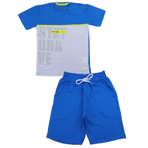 Conjunto Menino Azul Royal e Branco Camiseta Bermuda Juvenil