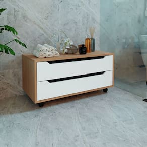 Balcão para Banheiro 2 Gavetas com Rodízios 80x38cm Amêndoa Branco Tecno Mobili