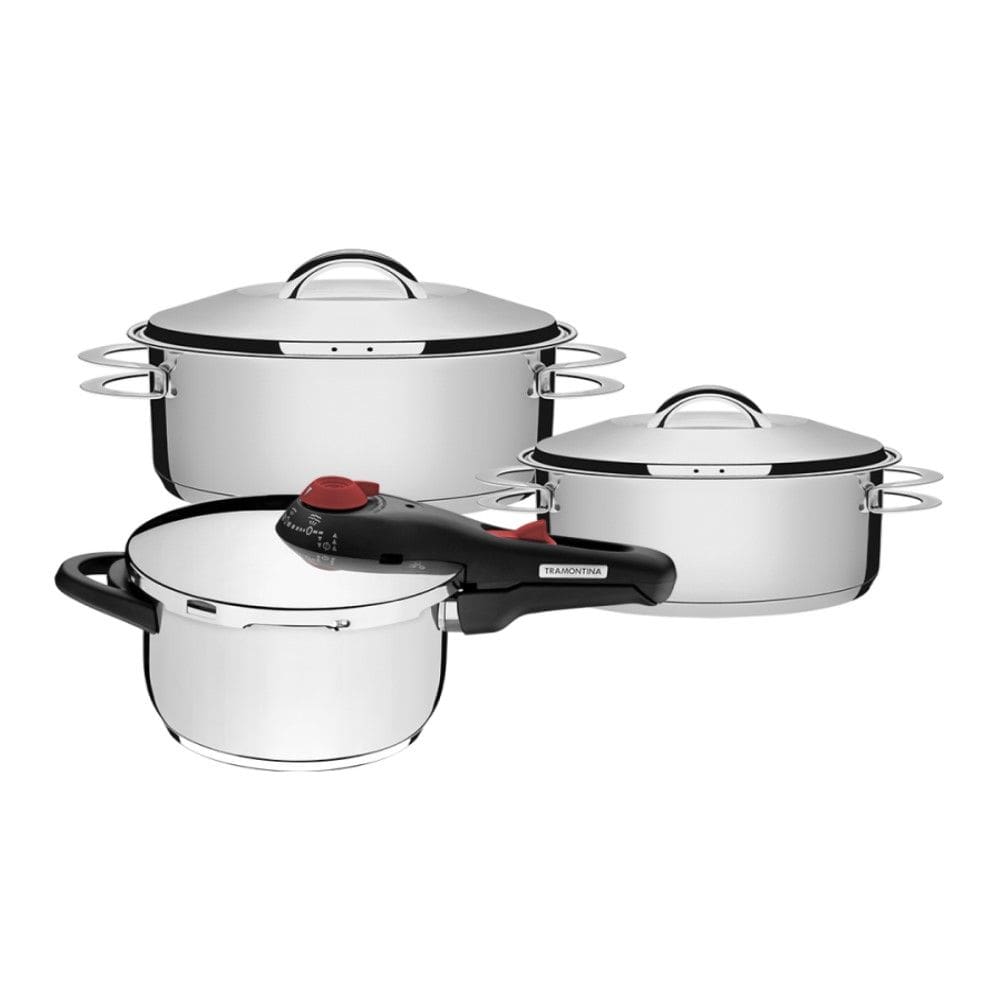 Jogo de Caçarola Rasa Solar 2 Peças + Panela de Pressão Solar 4,5 L em Aço Inox Fundo Triplo Tramontina