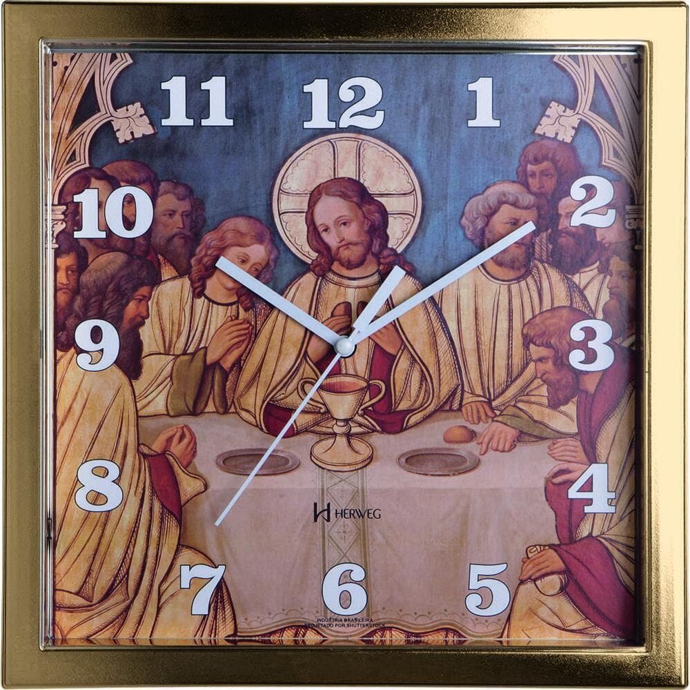 Relogio De Parede Quadrado Herweg Dourado Desenho Santa Ceia