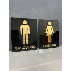 kit 2 Placas Acrílico Espelhado Para Porta Banheiro Feminino e Masculino