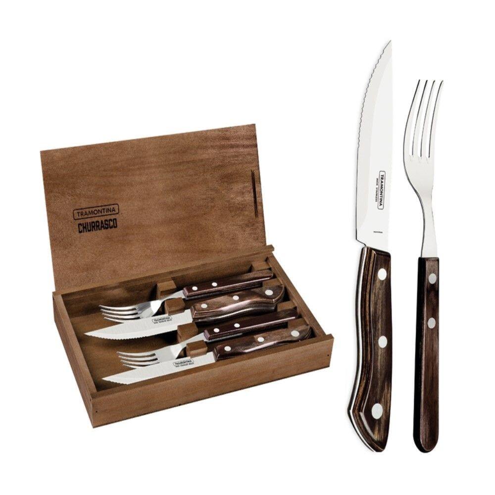 Kit para Churrasco 4 Peças em Aço Inox Cabo Castanho Polywood com Estojo de Madeira Tramontina 29899/511