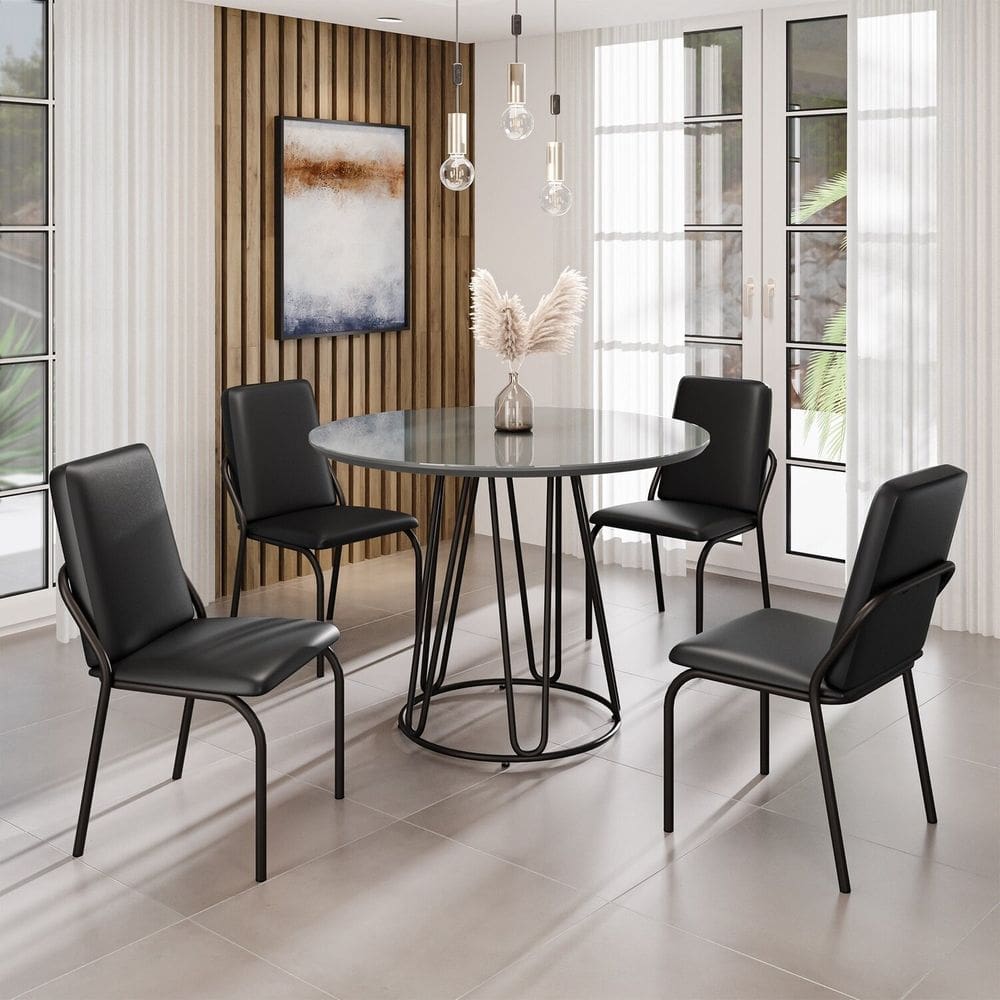 Conjunto Sala de Jantar Mesa Redonda 100cm Base Omega Tampo MDF Laca com Vidro Malibu Preto