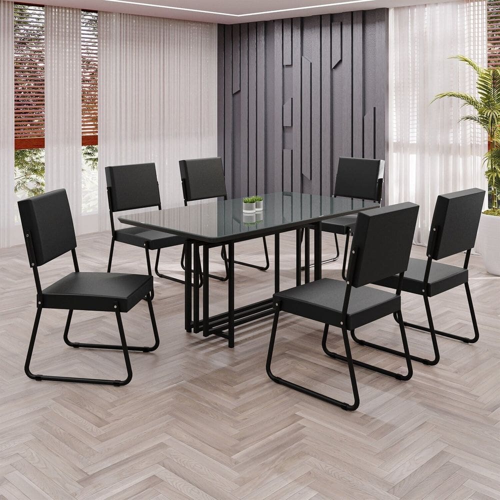 Conjunto Sala de Jantar Mesa 160x90cm Base Pérola Tampo MDF Laca com Vidro Napoli Preto