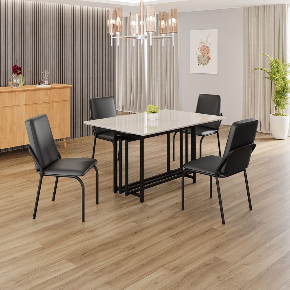 Conjunto Sala de Jantar Mesa 120x90cm Base Pérola Tampo MDF com Vidro Malibu Preto Fosco