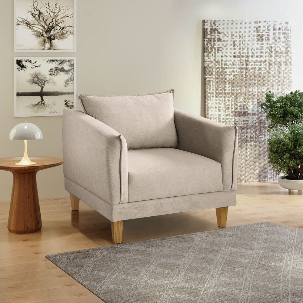 Poltrona para Sala de Estar Pés em Madeira Melina Bege