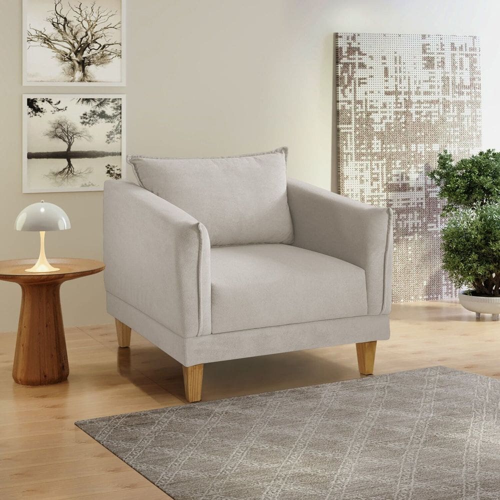 Poltrona para Sala de Estar Pés em Madeira Melina Bege