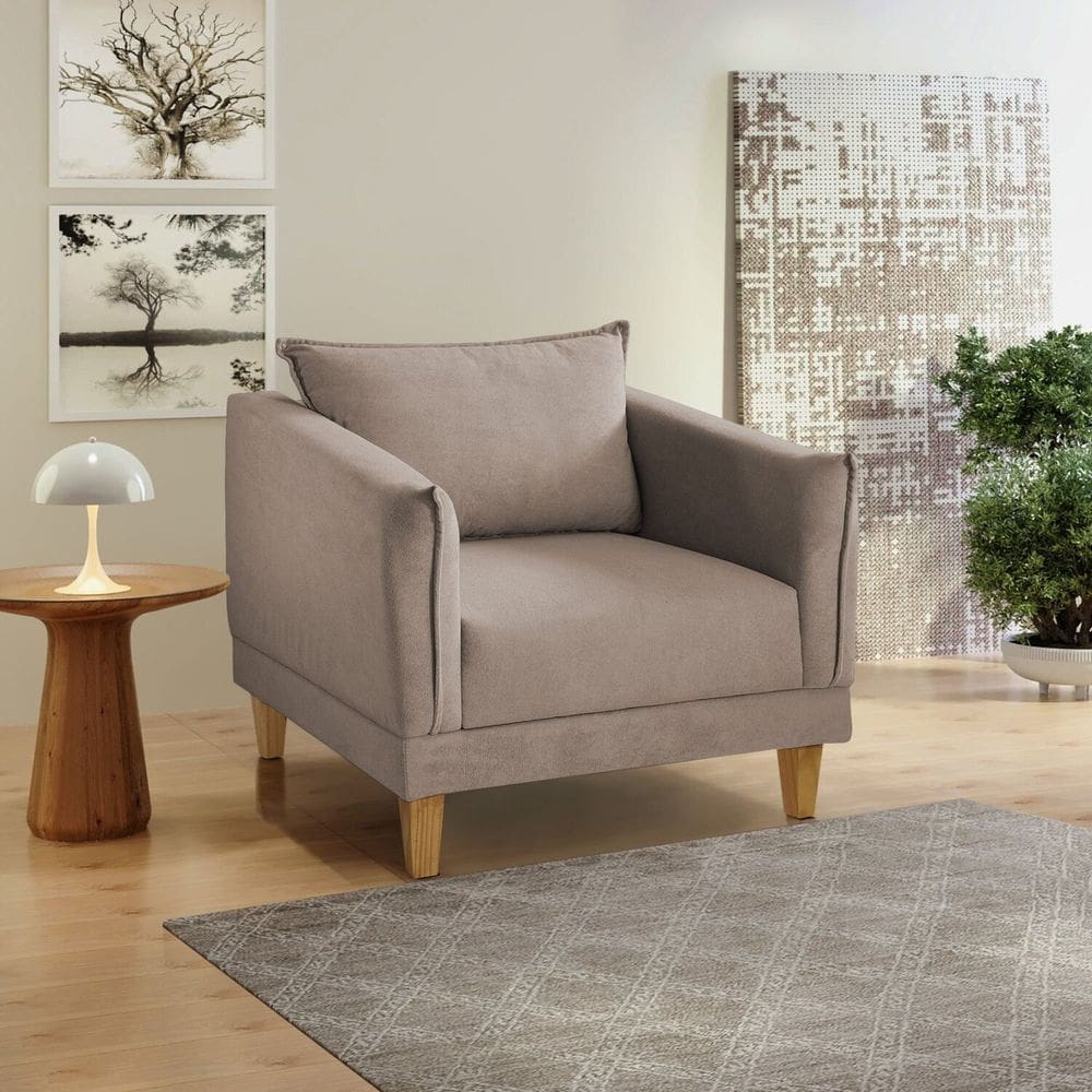 Poltrona para Sala de Estar Pés em Madeira Melina Bege