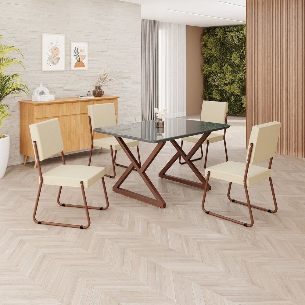 Conjunto Sala de Jantar Mesa 120x90cm Base Império Tampo MDF Laca com Vidro Napoli Creme / Marrom