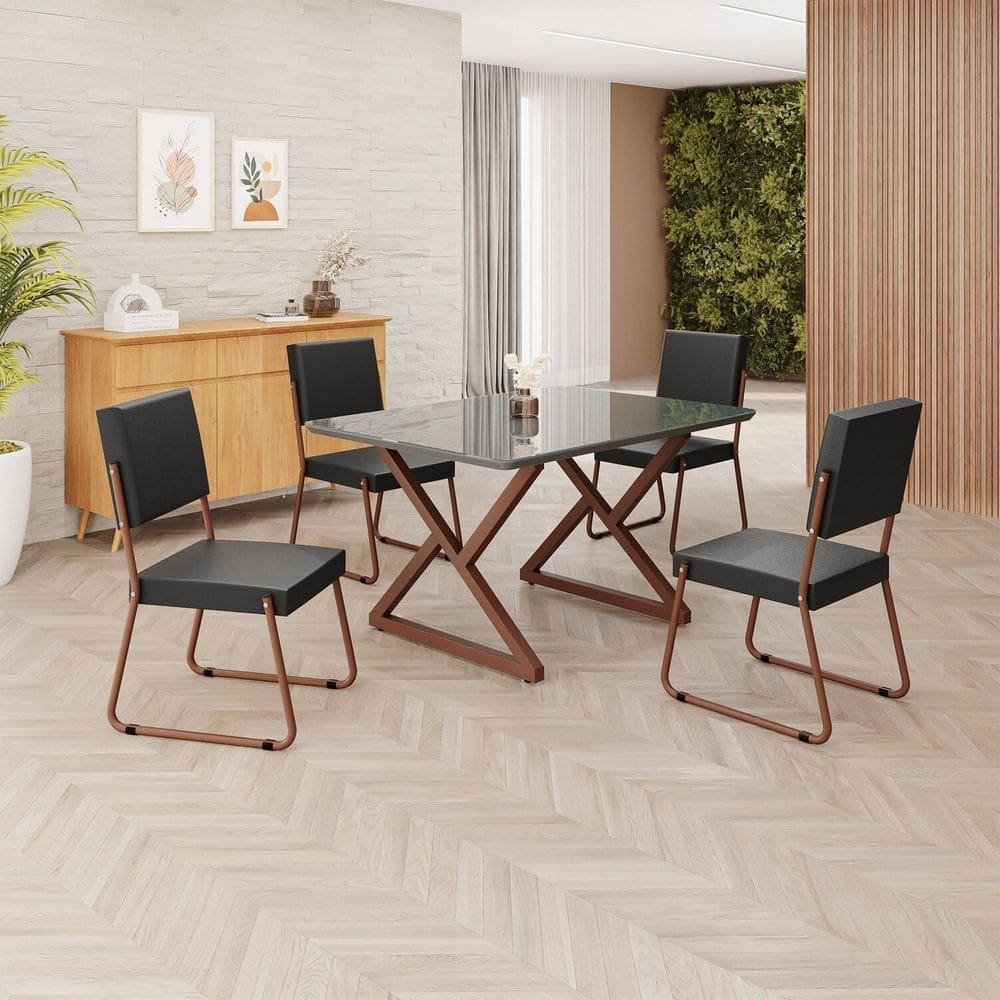 Conjunto Sala de Jantar Mesa 120x90cm Base Império Tampo MDF Laca com Vidro Napoli Preto / Marrom