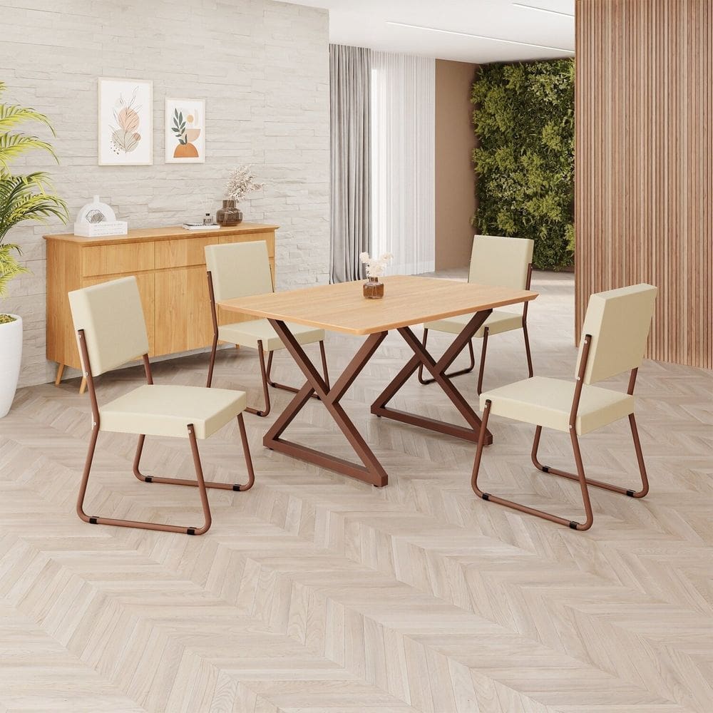 Conjunto Sala de Jantar Mesa 120x90cm Base Império Tampo MDF  Napoli Creme /Marrom