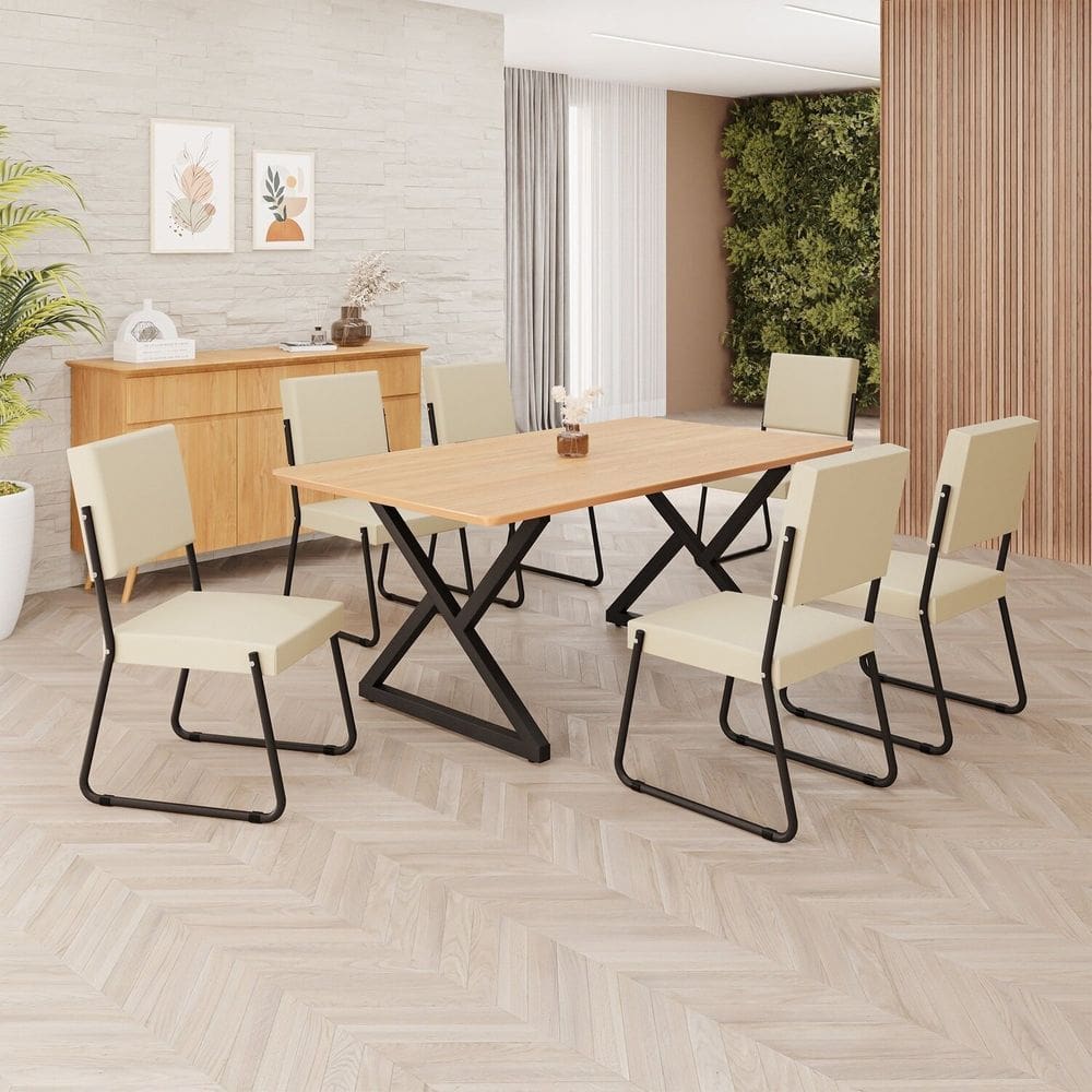 Conjunto Sala de Jantar Mesa 160x90cm Base Império Tampo MDF  Napoli Creme / Preto