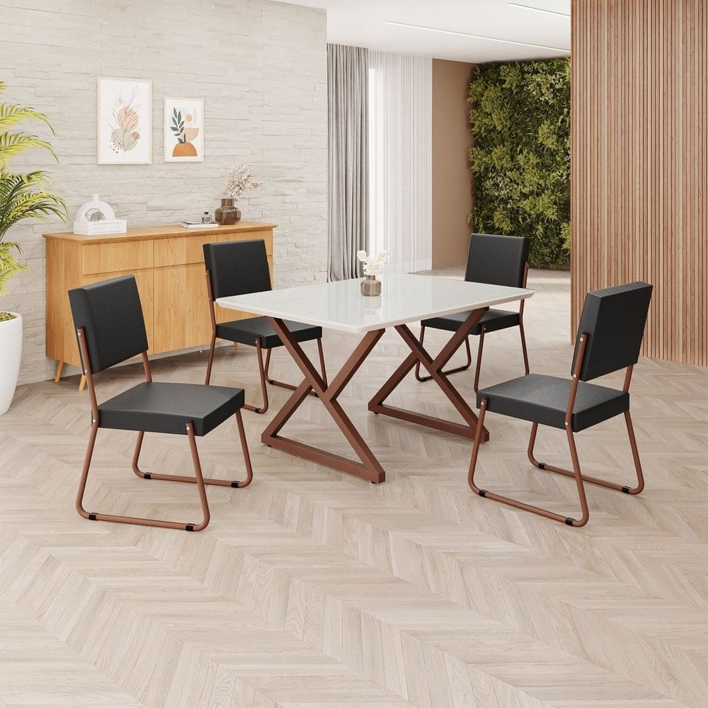 Conjunto Sala de Jantar Mesa 120x90cm Base Império Tampo MDF Laca com Vidro Napoli Preto / Marrom