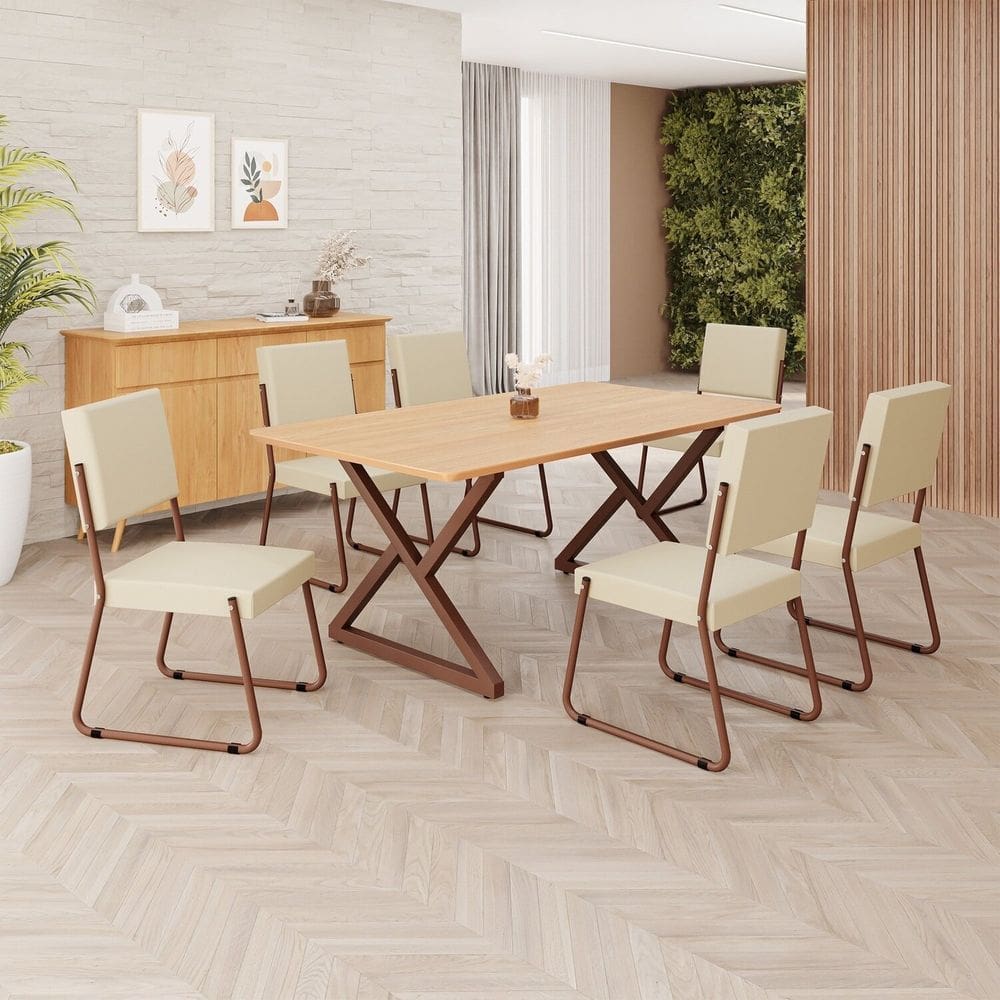 Conjunto Sala de Jantar Mesa 160x90cm Base Império Tampo MDF Napoli Creme / Marrom