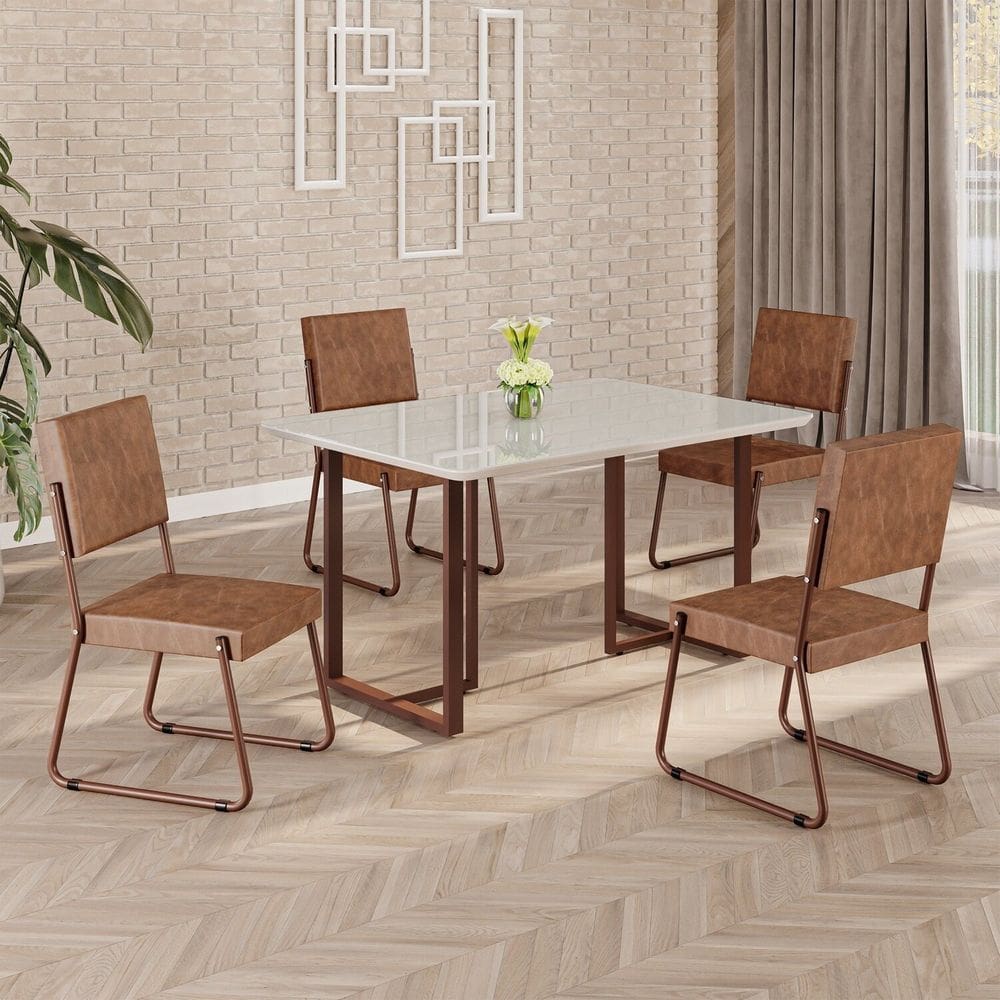 Conjunto Sala de Jantar Mesa 120x90cm Base Lunna Tampo MDF Laca com Vidro Napoli Marrom