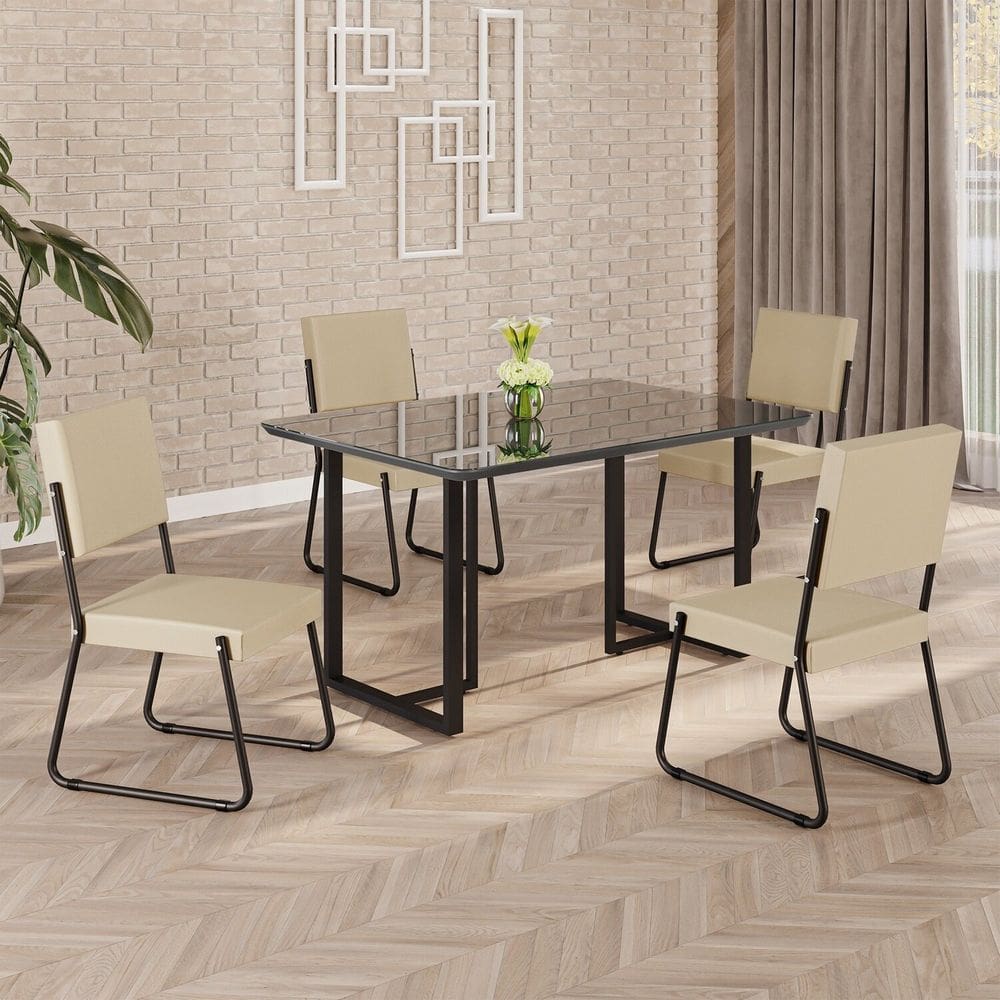 Conjunto Sala de Jantar Mesa 120x90cm Base Lunna Tampo MDF Laca com Vidro Napoli Creme / Preto