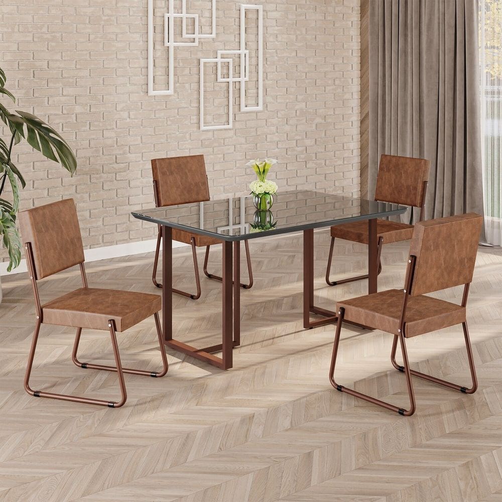 Conjunto Sala de Jantar Mesa 120x90cm Base Lunna Tampo MDF Laca com Vidro Napoli Marrom