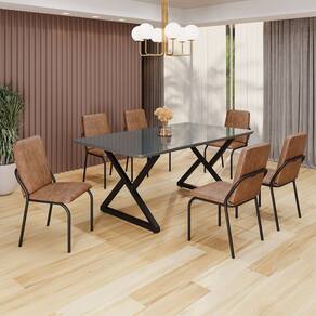 Conjunto Sala de Jantar Mesa 160x90cm Base Império Tampo MDF Laca com Vidro Malibu Marrom/Preto