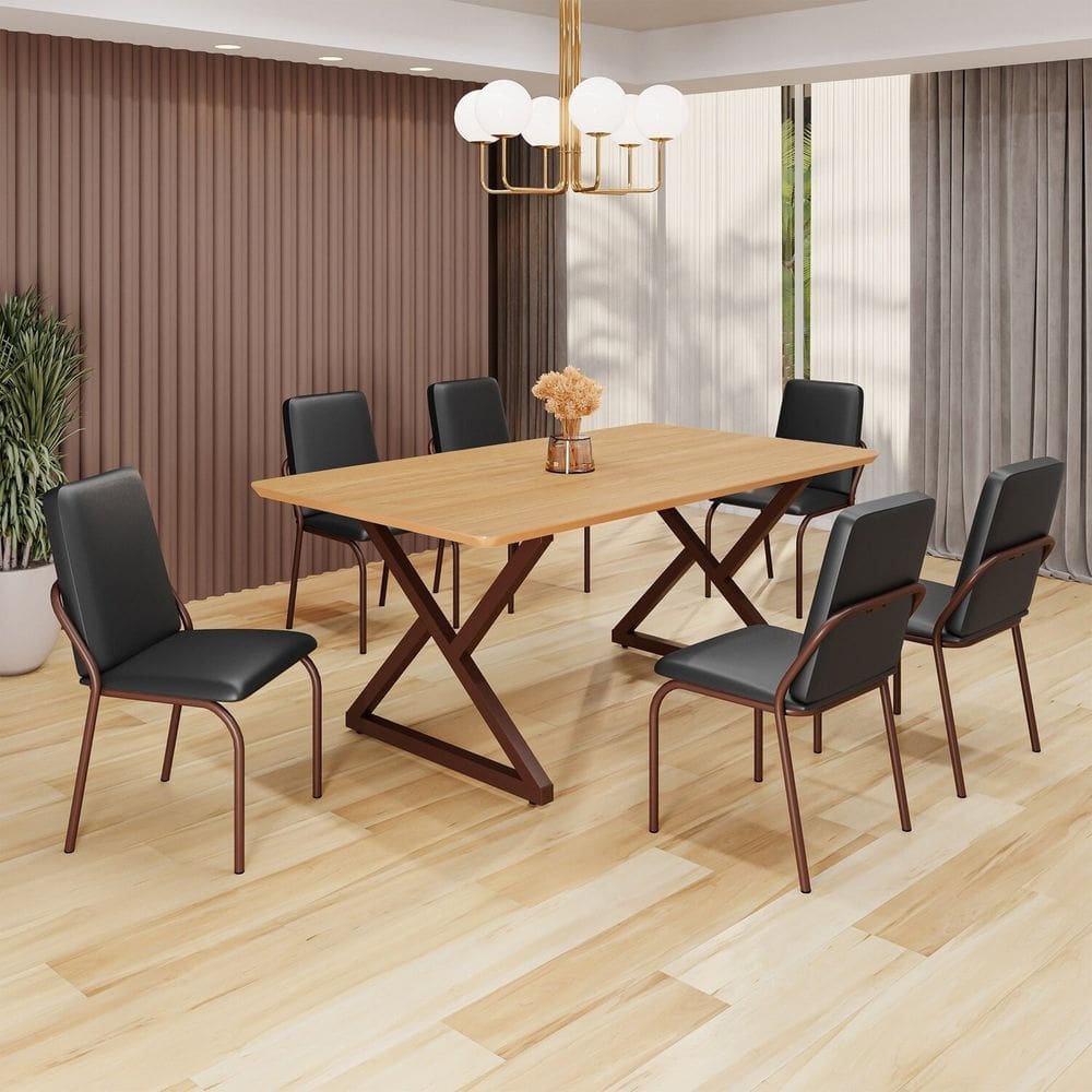 Conjunto Sala de Jantar Mesa 160x90cm Base Império Tampo MDF  Malibu Preto/Marrom