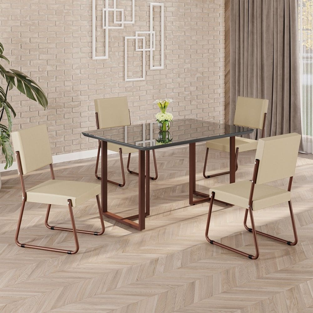 Conjunto Sala de Jantar Mesa 120x90cm Base Lunna Tampo MDF Laca com Vidro Napoli Creme /Marrom
