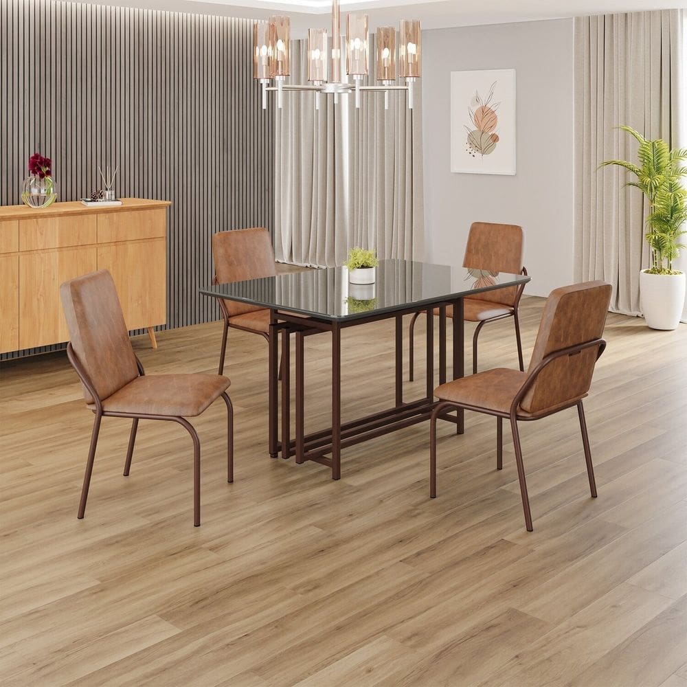 Conjunto Sala de Jantar Mesa 120x90cm Base Pérola Tampo MDF  com Vidro Malibu Marrom