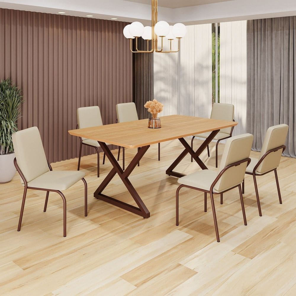 Conjunto Sala de Jantar Mesa 160x90cm Base Império Tampo MDF  Malibu Creme/Marrom