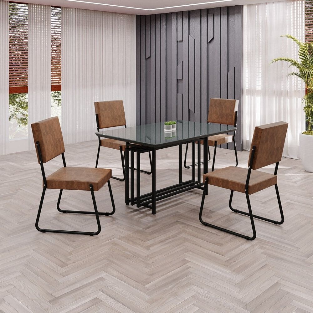 Conjunto Sala de Jantar Mesa 120x90cm Base Pérola Tampo MDF Laca com Vidro Napoli Marrom/Preto