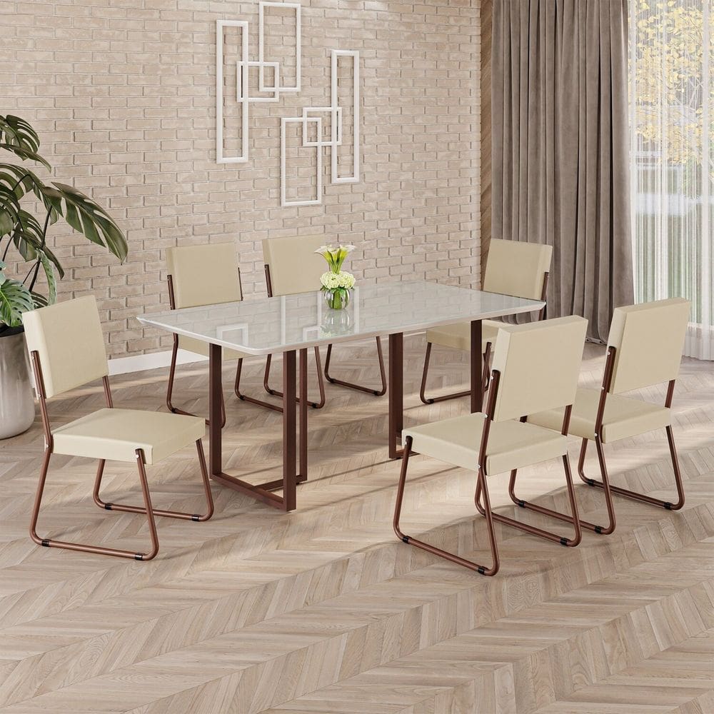 Conjunto Sala de Jantar Mesa 160x90cm Base Lunna Tampo MDF Laca com Vidro Napoli Creme / Marrom