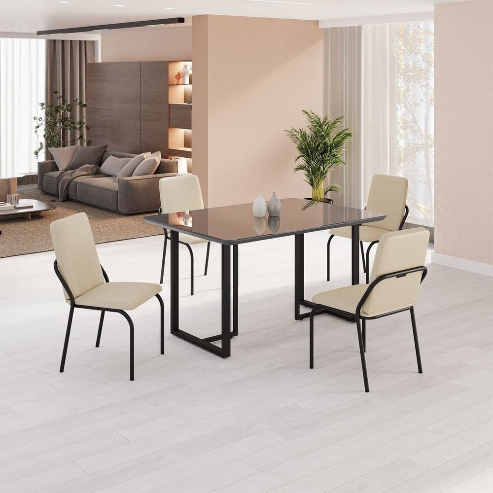 Conjunto Sala de Jantar Mesa 120x90cm Base Lunna Tampo MDF com Vidro Malibu Creme/Preto