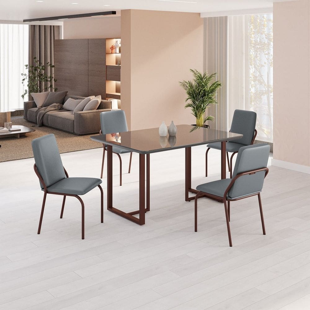 Conjunto Sala de Jantar Mesa 120x90cm Base Lunna Tampo MDF com Vidro Malibu Grafite/Marrom