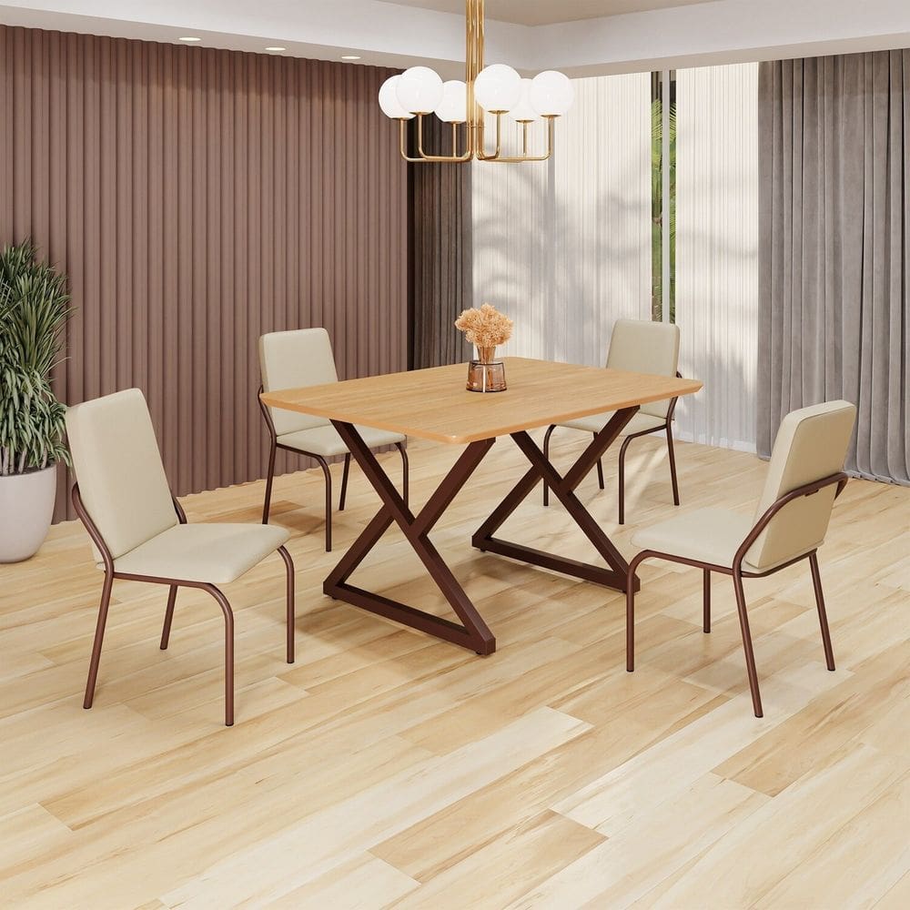 Conjunto Sala de Jantar Mesa 120x90cm Base Império Tampo MDF  Malibu Creme / Marrom