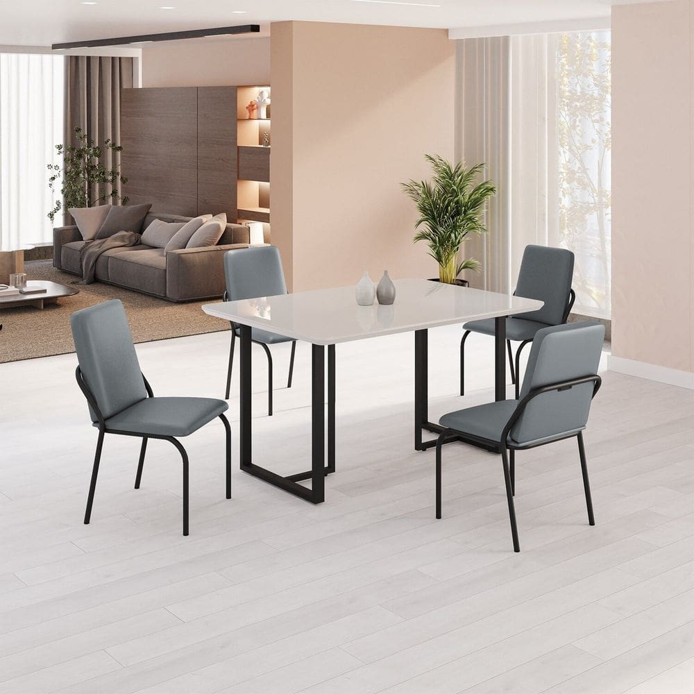 Conjunto Sala de Jantar Mesa 120x90cm Base Lunna Tampo MDF Laca com Vidro Malibu Grafite/Preto