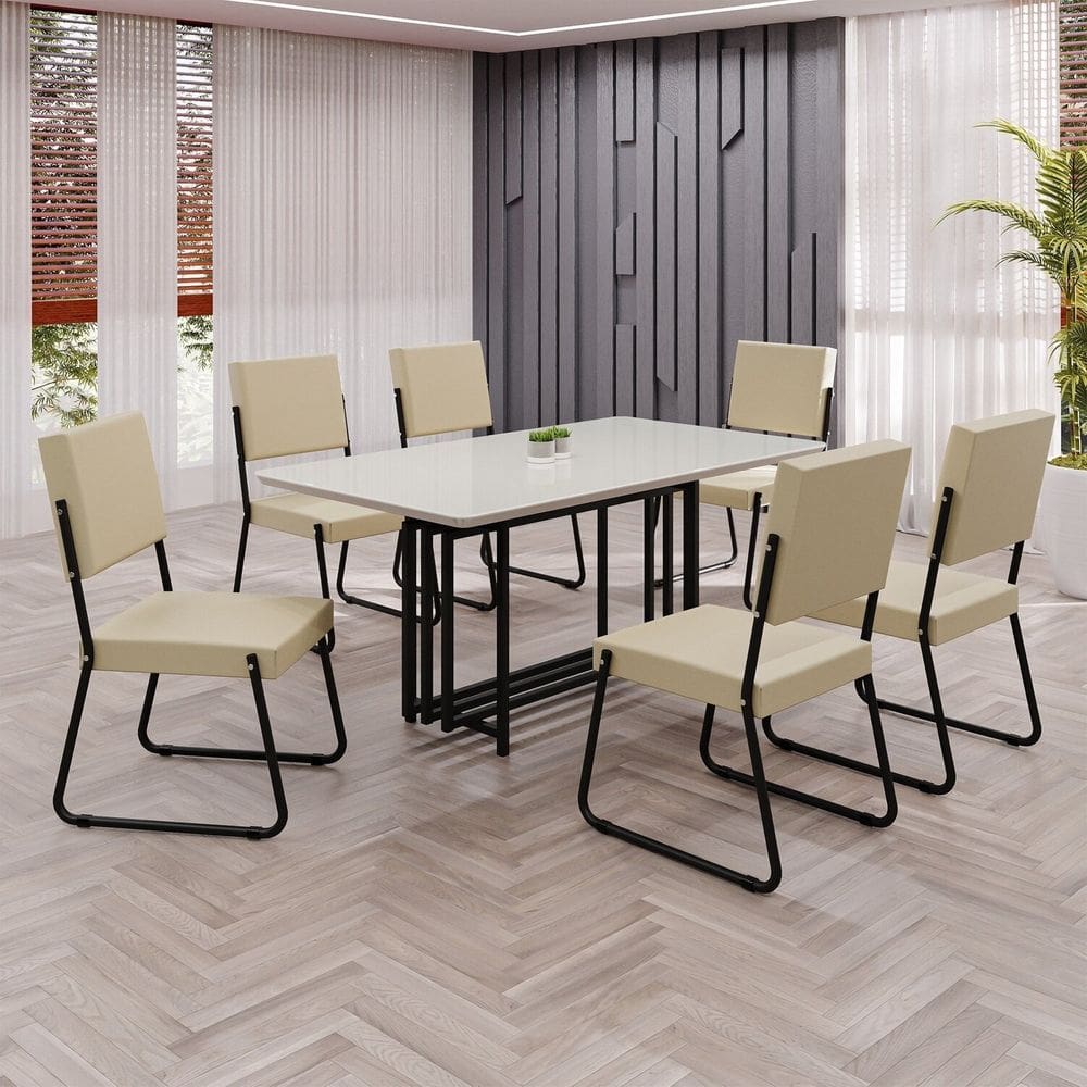 Conjunto Sala de Jantar Mesa 160x90cm Base Pérola Tampo MDF Laca com Vidro Napoli Creme / Preto
