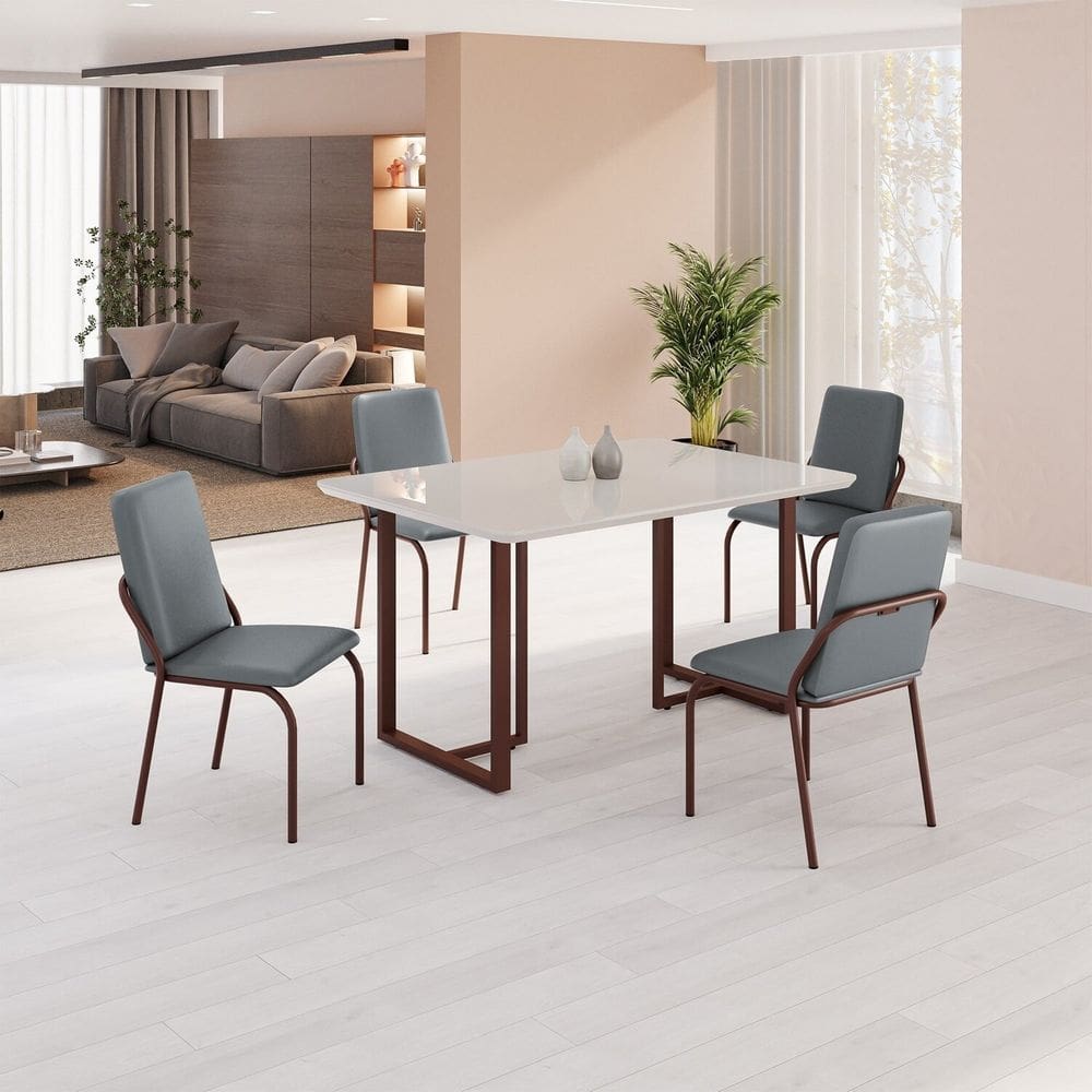 Conjunto Sala de Jantar Mesa 120x90cm Base Lunna Tampo MDF Laca com Vidro Malibu Grafite/Marrom