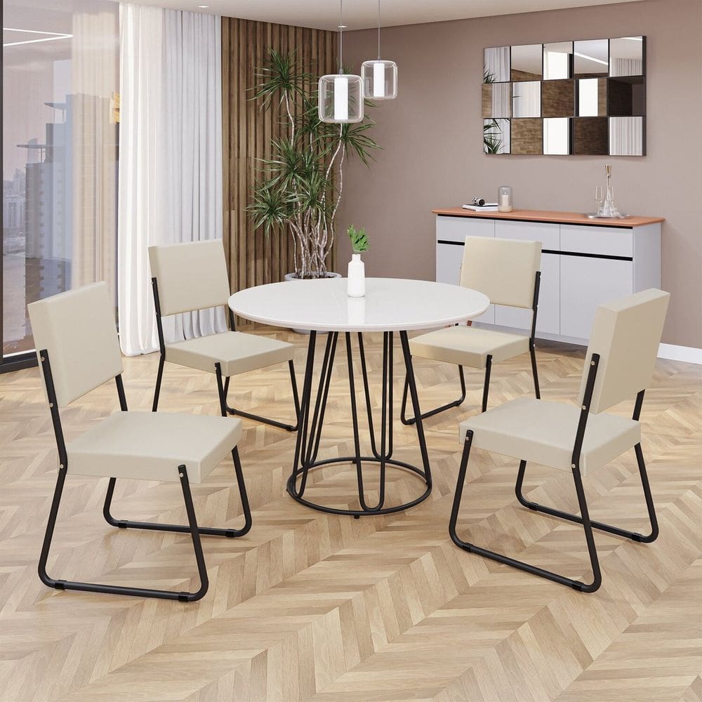 Conjunto Sala de Jantar Mesa Redonda 100cm Base Omega Tampo MDF Laca com Vidro Napoli Creme / Preto