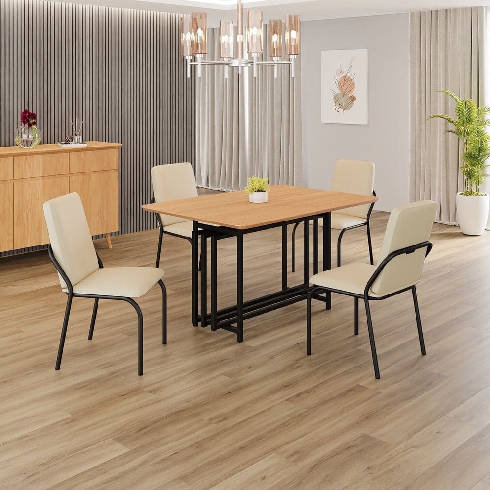 Conjunto Sala de Jantar Mesa 120x90cm Base Pérola Tampo MDF   Malibu Creme / Preto