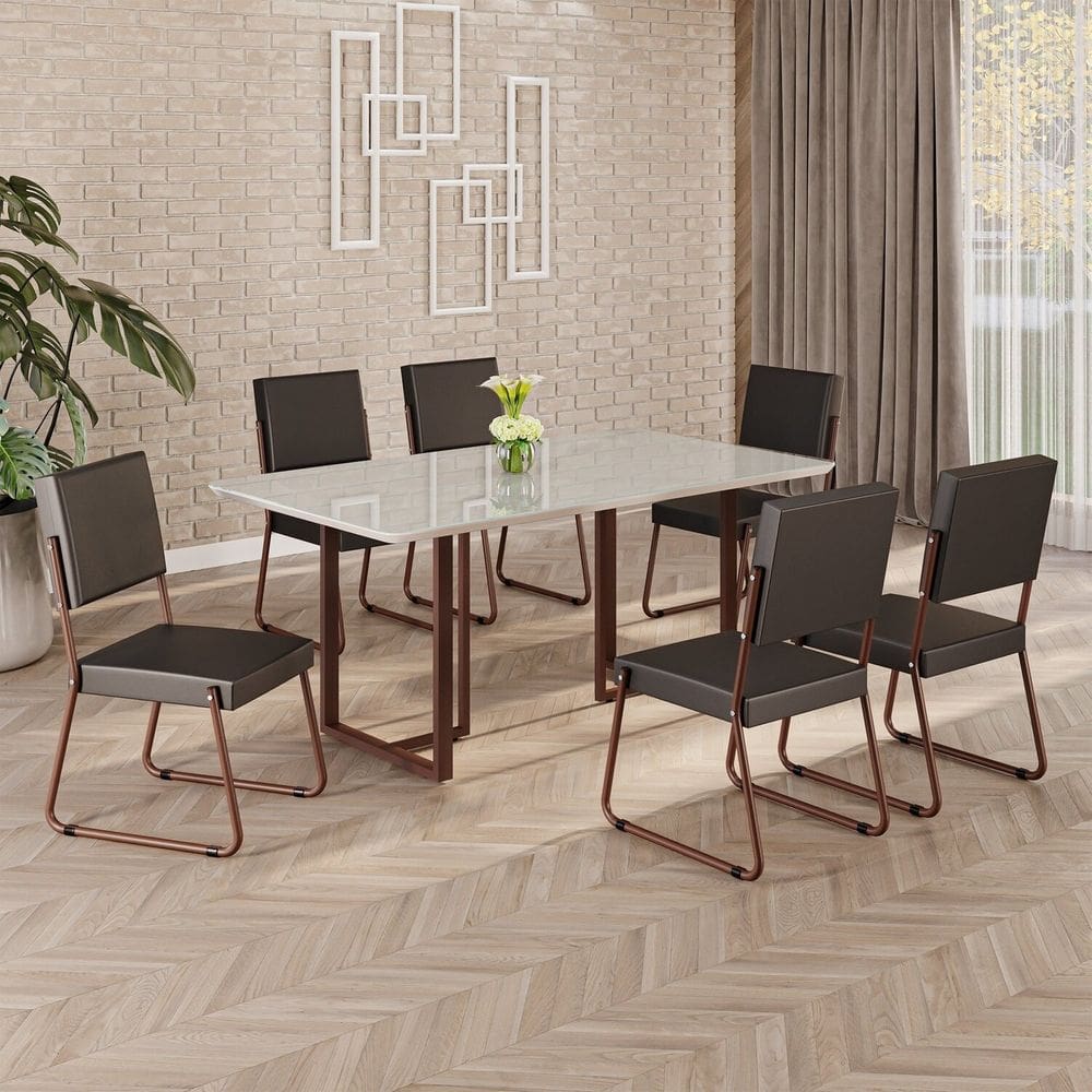 Conjunto Sala de Jantar Mesa 160x90cm Base Lunna Tampo MDF Laca com Vidro Napoli Preto / Marrom