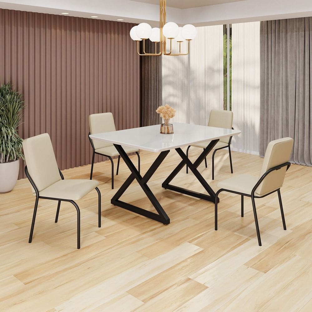 Conjunto Sala de Jantar Mesa 120x90cm Base Império Tampo MDF Laca com Vidro Malibu Creme / Preto