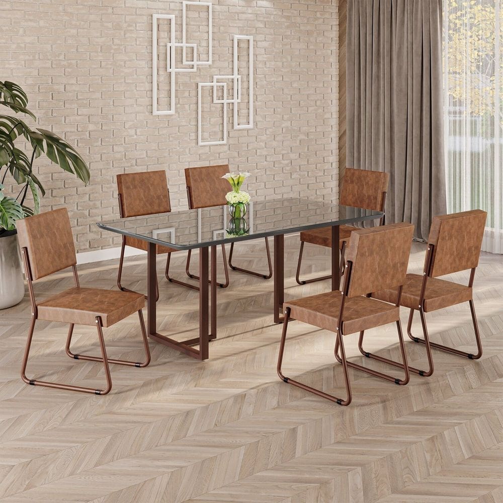 Conjunto Sala de Jantar Mesa 160x90cm Base Lunna Tampo MDF Laca com Vidro Napoli Marrom