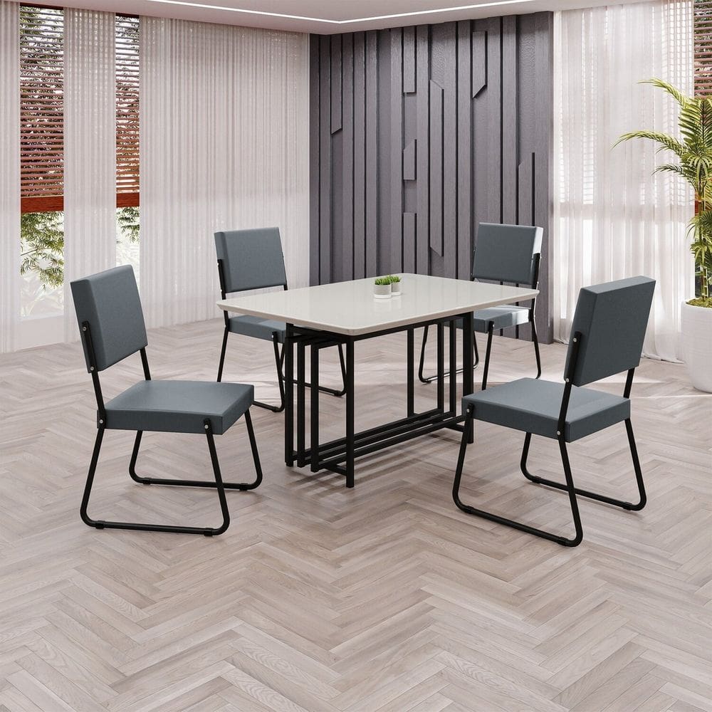 Conjunto Sala de Jantar Mesa 120x90cm Base Pérola Tampo MDF Laca com Vidro Napoli Grafite / Preto