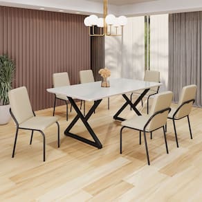 Conjunto Sala de Jantar Mesa 160x90cm Base Império Tampo MDF Laca com Vidro Malibu Creme/Preto