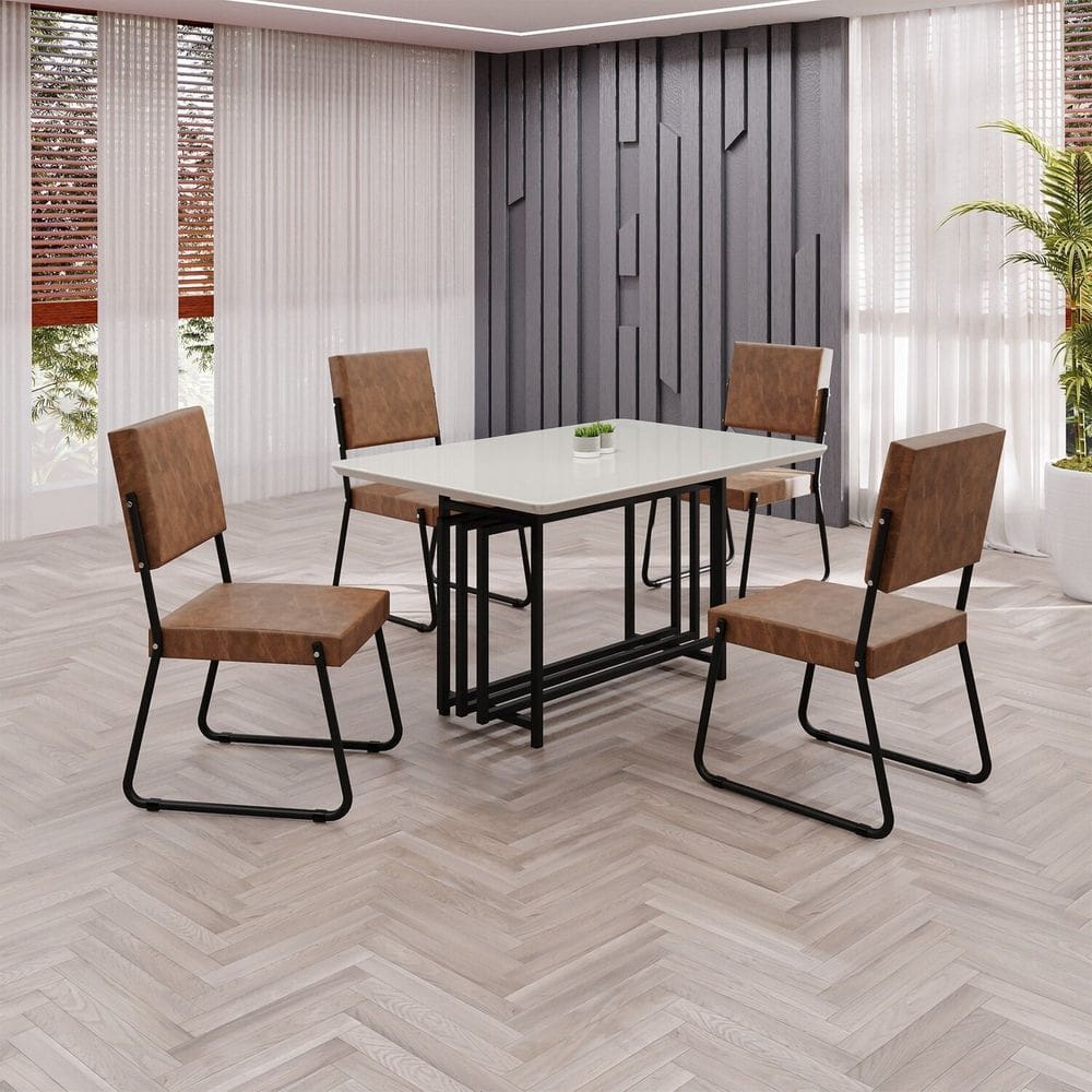 Conjunto Sala de Jantar Mesa 120x90cm Base Pérola Tampo MDF Laca com Vidro Napoli marrom / preto