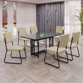 Conjunto Sala de Jantar Mesa 160x90cm Base Pérola Tampo MDF Laca com Vidro Napoli Creme / Preto