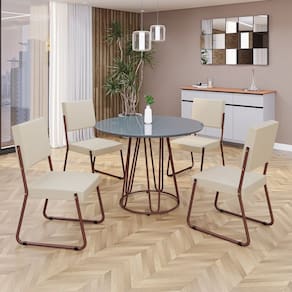 Conjunto Sala de Jantar Mesa Redonda 100cm Base Omega Tampo MDF Laca com Vidro Napoli Creme / Marrom