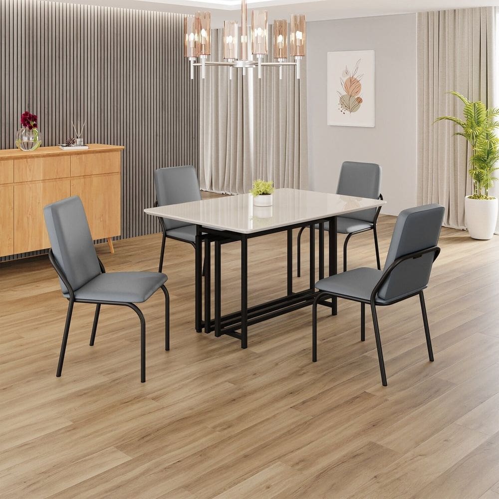 Conjunto Sala de Jantar Mesa 120x90cm Base Pérola Tampo MDF com Vidro Malibu Grafite / Preto Fosco