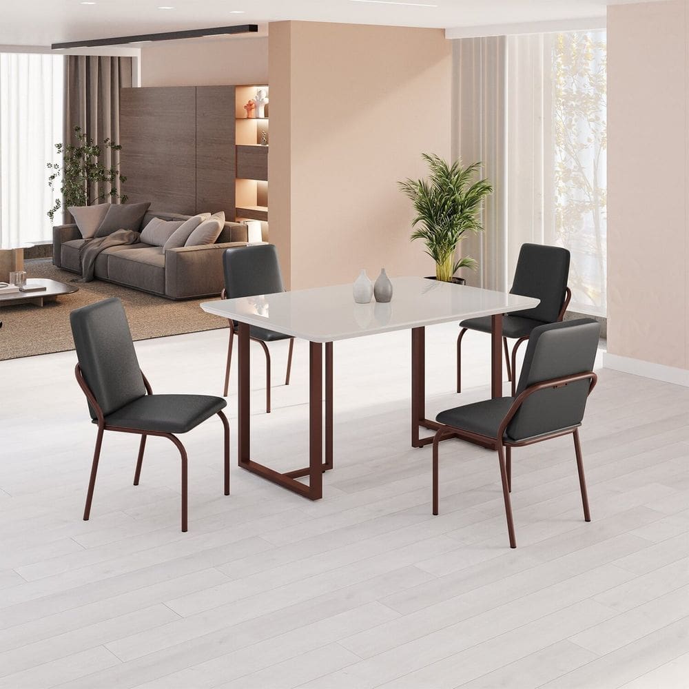 Conjunto Sala de Jantar Mesa 120x90cm Base Lunna Tampo MDF Laca com Vidro Malibu Preto/Marrom