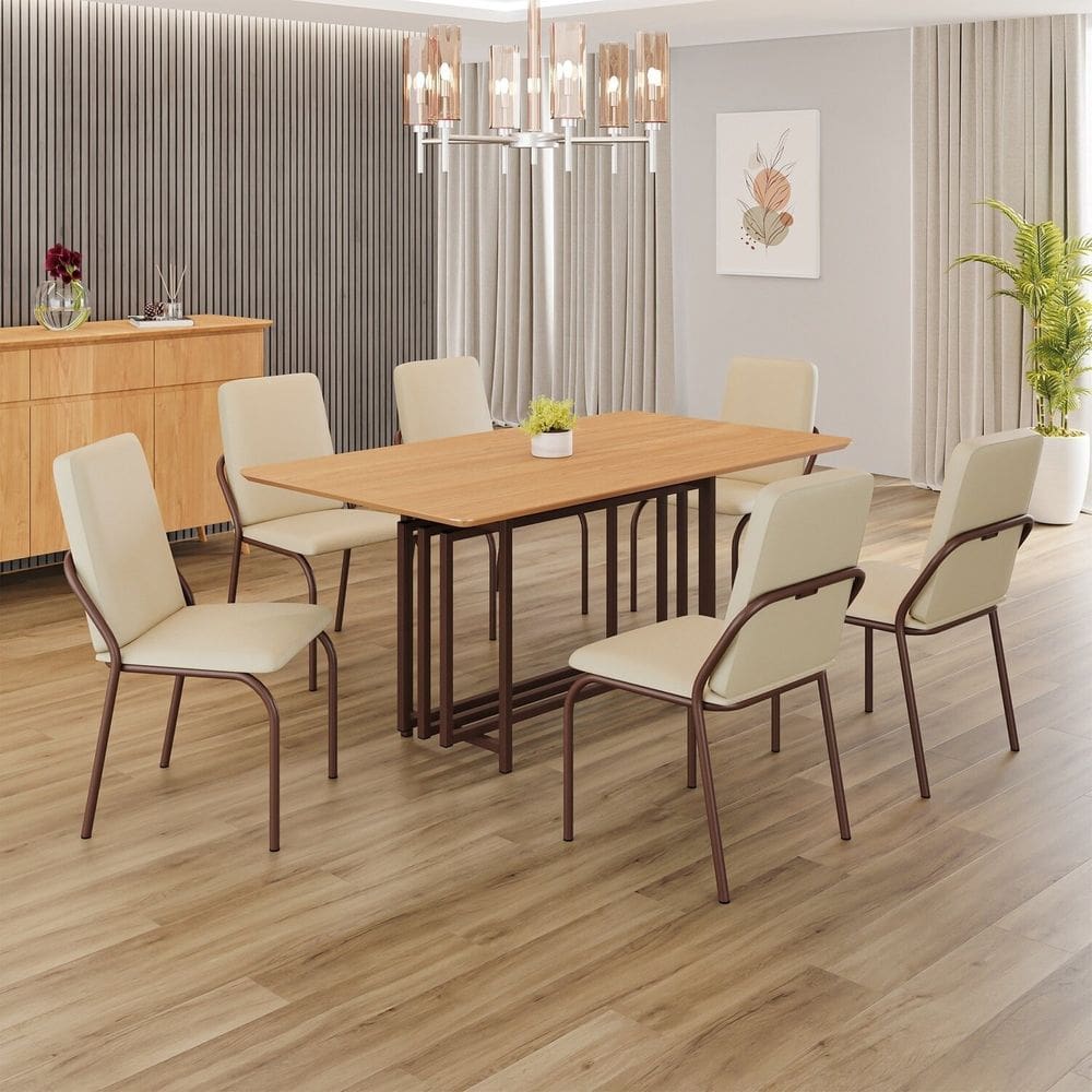 Conjunto Sala de Jantar Mesa 160x90cm Base Pérola Tampo MDF   Malibu Creme / Marrom
