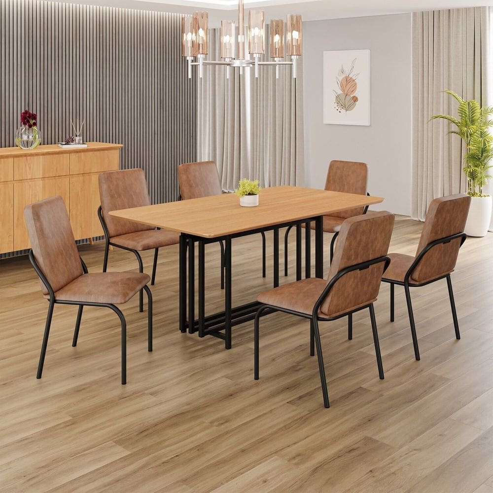 Conjunto Sala de Jantar Mesa 160x90cm Base Pérola Tampo MDF   Malibu Marrom / Preto Fosco