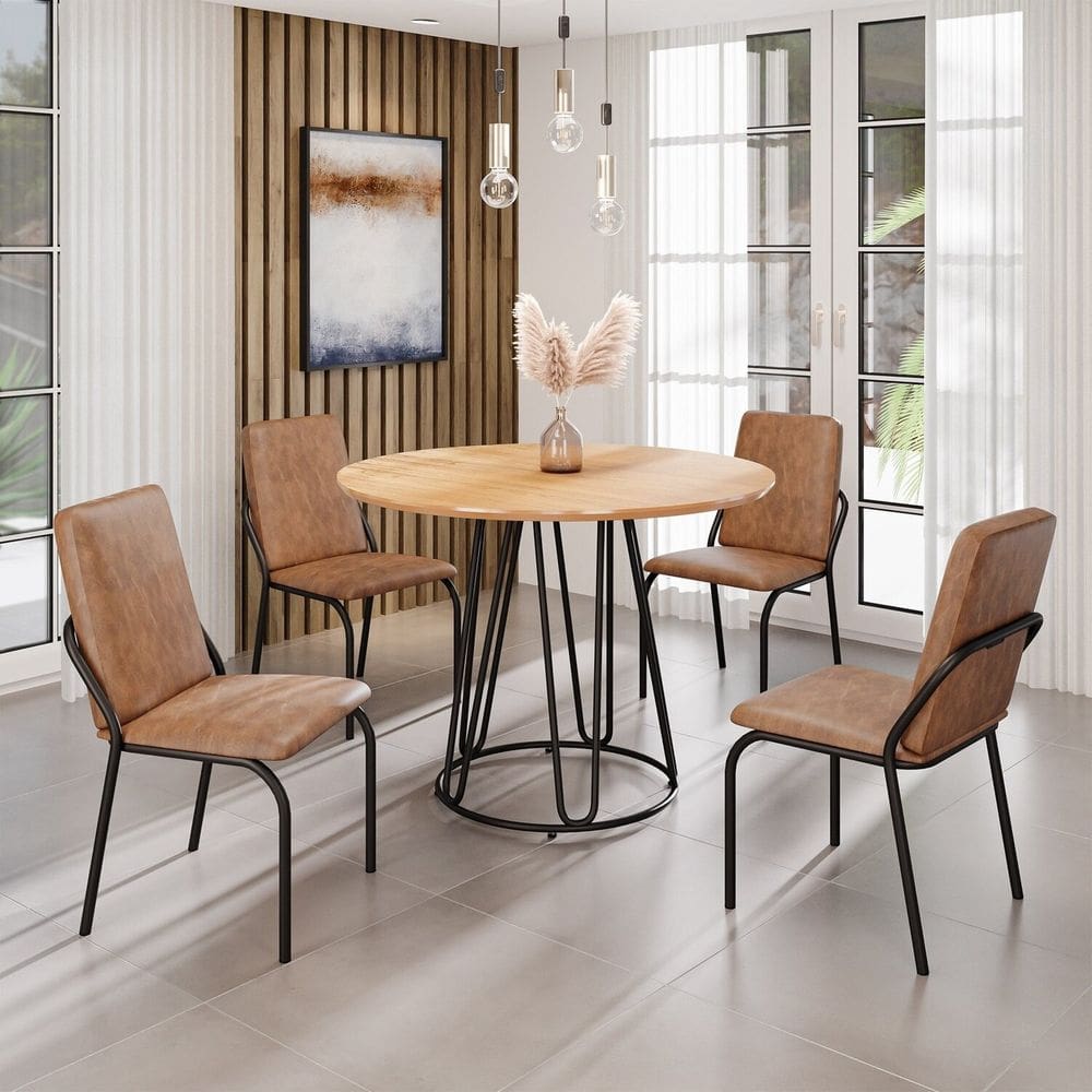 Conjunto Sala de Jantar Mesa Redonda 100cm Base Omega Tampo MDF Malibu marrom / preto