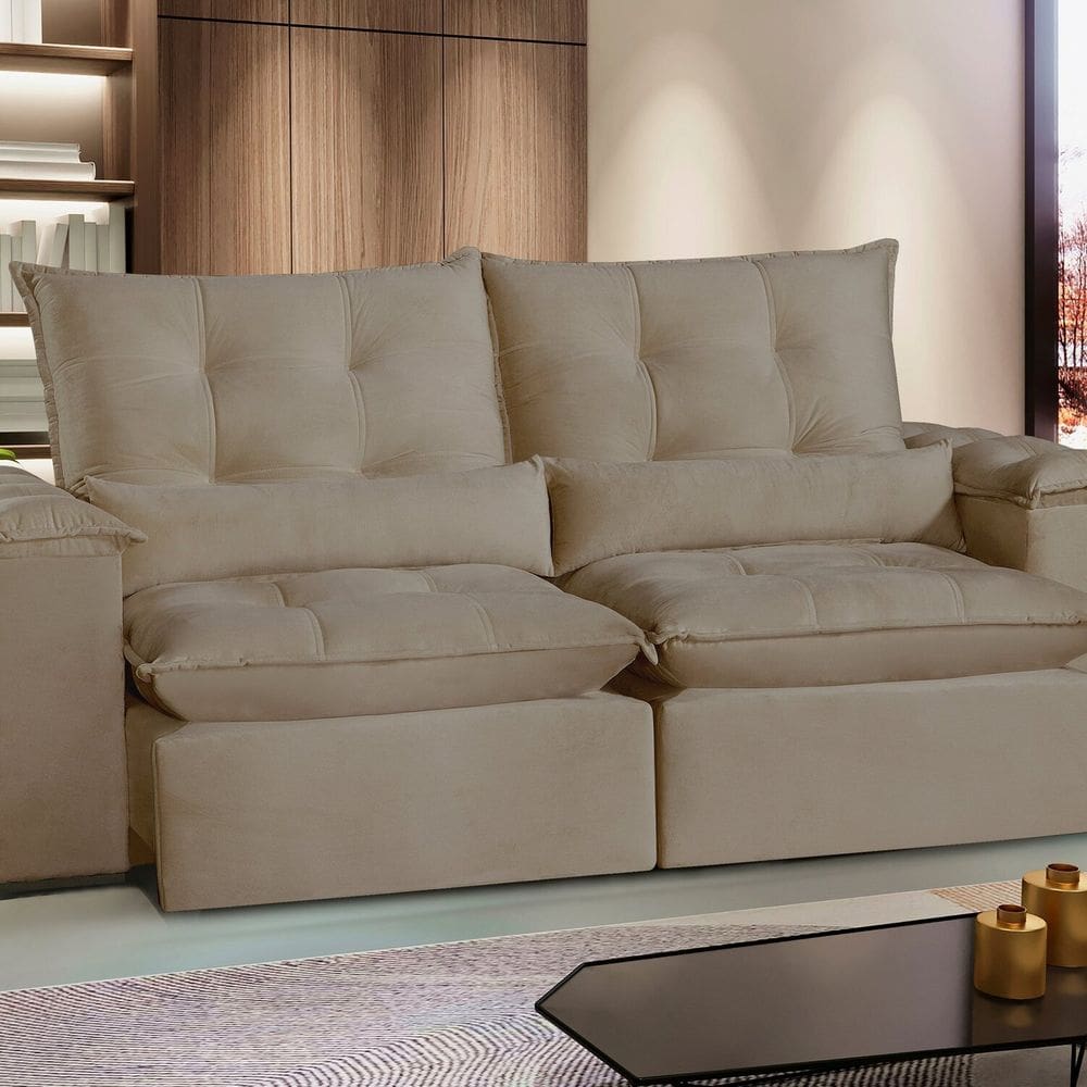 Sofá San Paulo Retrátil e Reclinável - Assento com Molas – 230 cm Veludo Bege Castor